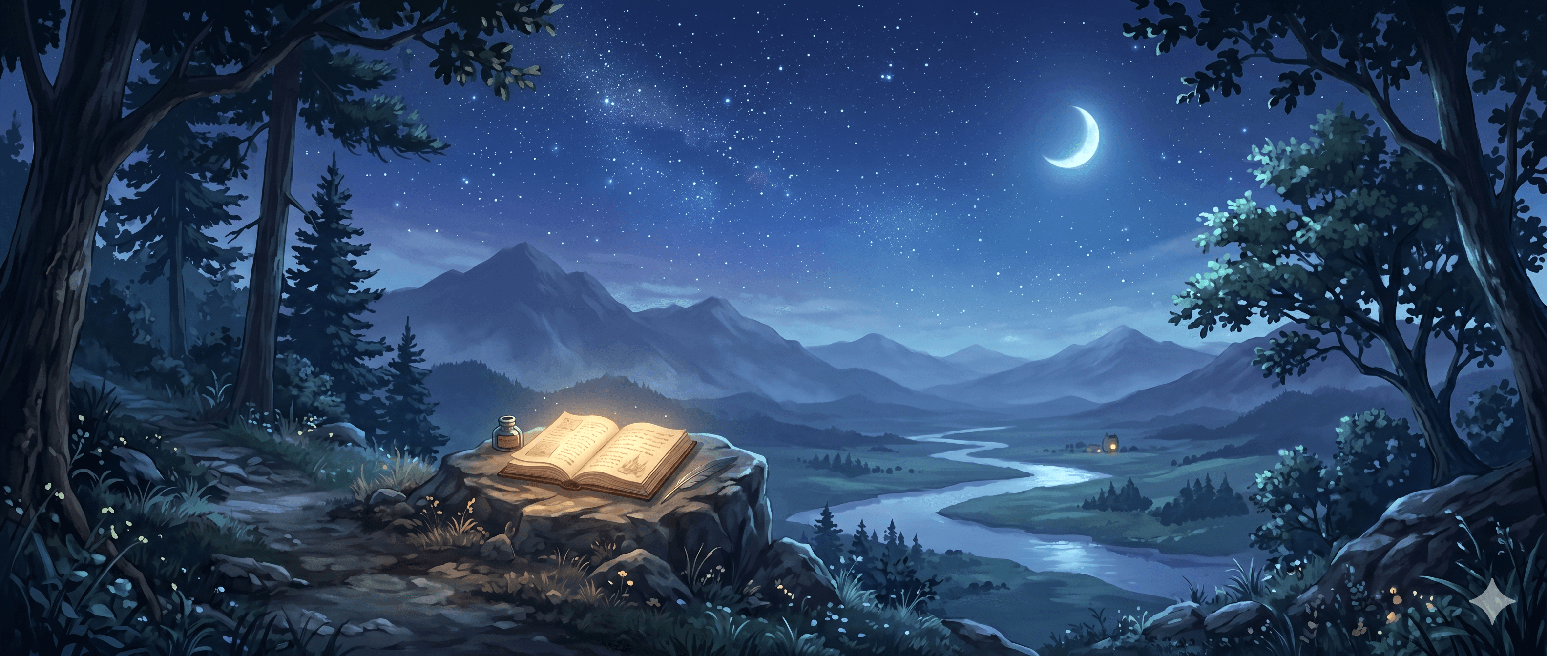 Serene night landscape with mountains, stars, and a glowing open book.